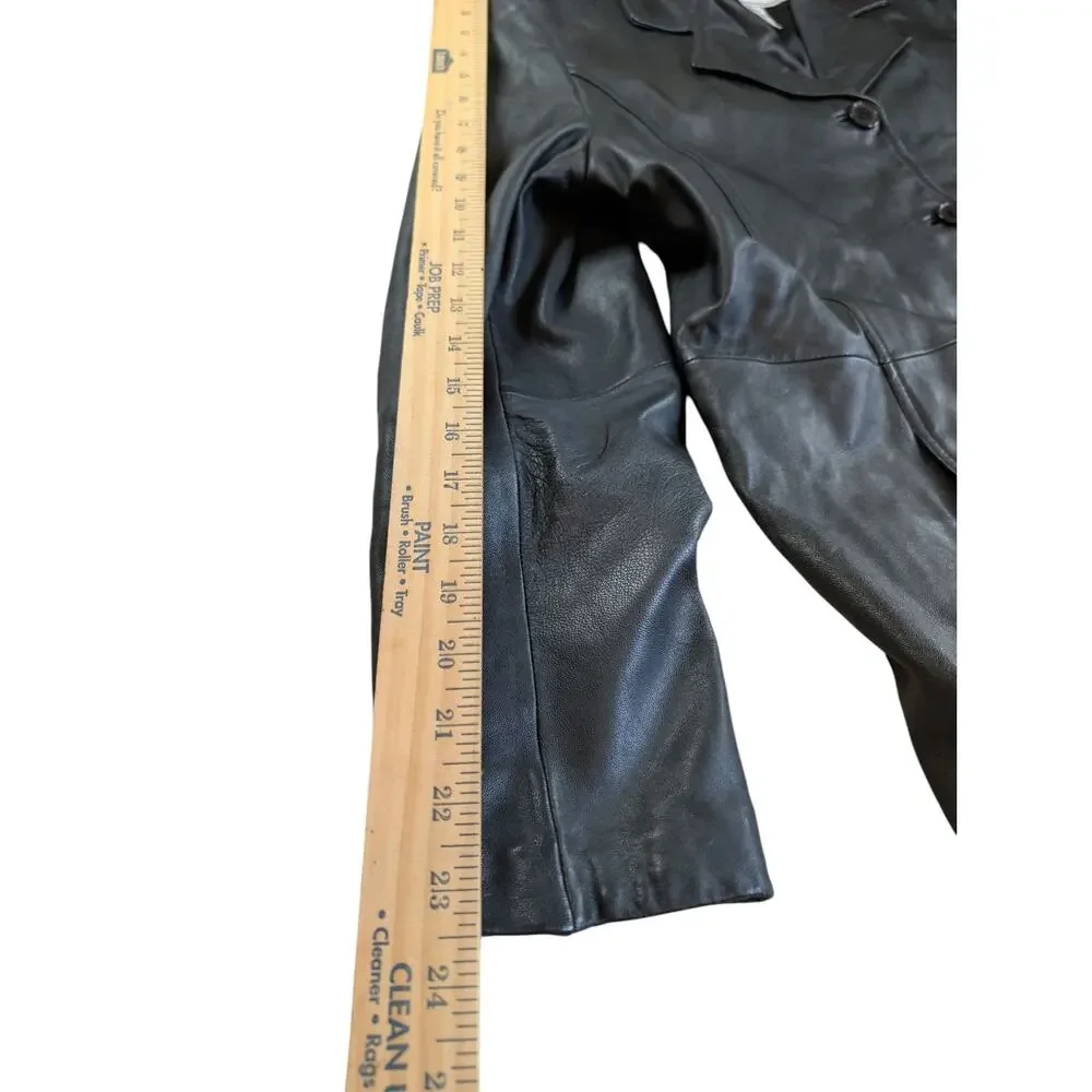 Modern Essentials Womens Black Long Button Front 100% Leather Jacket Large - Picture 5 of 9